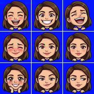 Custom cm bold chibi caricature of a woman displaying various happy and playful expressions against a blue background.