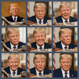 Social media visual pinterest mood board of Donald Trump showing various facial expressions in a collage format.