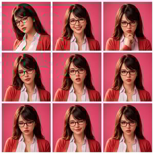 Cinematic portrait studio shots of a young woman with glasses displaying various expressions against a pink background. cinematic studio portrait