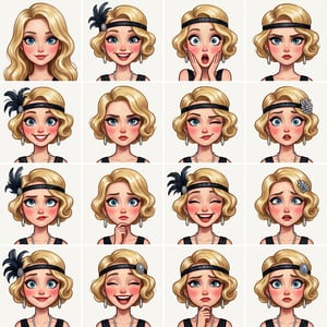 Custom cm engelbreit deco flapper caricature portraits of a blonde woman displaying various expressive emotions and hairstyles.