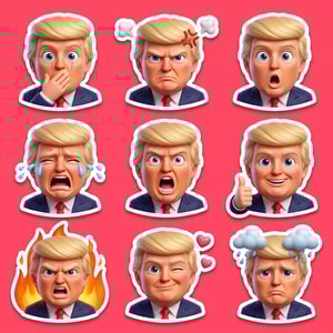 Sticker pack generator emoji reaction sticker pack featuring Donald Trump with various exaggerated expressions and emotions.