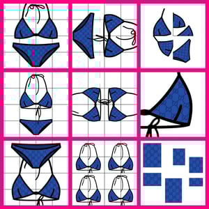 Advertising poster generator in swiss international style featuring a blue monogram bikini displayed in a grid layout.