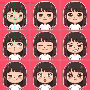 Chibi sticker maker AI art featuring a girl with nine different expressive faces and emotions. ai sticker maker