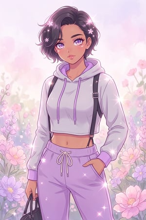Shojo anime ad featuring a stylish girl in a crop hoodie and sweatpants surrounded by sparkling flowers. lp anime ad