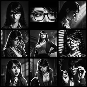 Retro vintage photo soviet propaganda poster of a woman in glasses smoking, dramatic lighting and bold composition.