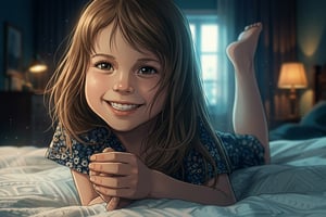 Cinematic lp anime ad featuring a smiling young girl with long brown hair lying on a bed.