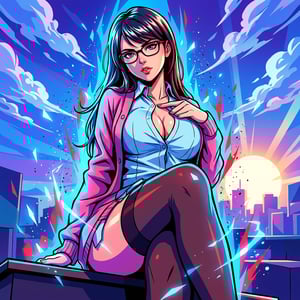 Shonen anime ad featuring a woman with glasses and a pink cardigan against a vibrant city skyline. lp anime ad