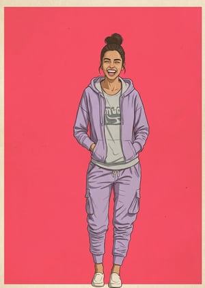 Vintage ai travel poster maker illustration of a laughing woman in a purple tracksuit against a pink background.