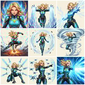 Game character art in Overwatch hero poster style of a blonde female superhero using ice and lightning powers.