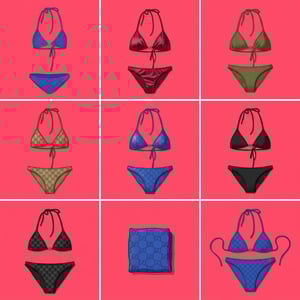 Advertising poster generator with japanese minimalist ad style featuring a grid of colorful Gucci bikinis and a towel.