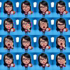 Photo to glossy 3d cartoon expression grid, diamond caricature 3d, shows a woman with glasses in various expressive poses.