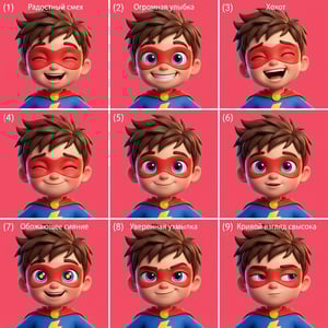 Pixar style ai avatar generator shows a boy superhero with nine different expressive faces and emotions.
