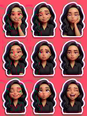 Sticker pack generator character sticker pack featuring a woman with dark wavy hair in various expressive poses.