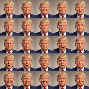 Pixar style AI avatar generator shows Donald Trump with various facial expressions in a grid format.