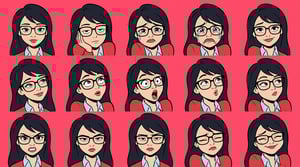 AI cartoon yourself in classic cartoon style shows a woman with glasses displaying various emotions and expressions.