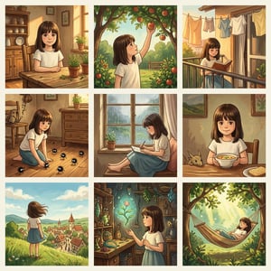 Interior exterior stylizer Studio Ghibli scene of a young girl in various everyday settings, showcasing a whimsical and nostalgic atmosphere.