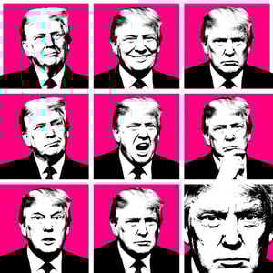 Advertising poster generator in Swiss International Style featuring Donald Trump in multiple poses against a vibrant pink background.