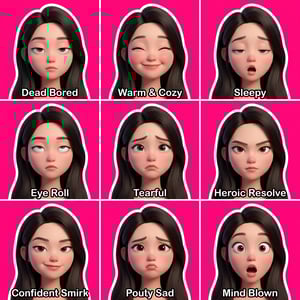Custom cm cute cartoon sticker pack featuring a girl with nine different expressive faces from bored to mind blown.