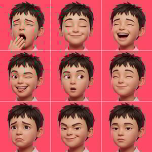3D lp avatar ad showcasing a boy's diverse range of cartoonish expressions and emotions against a pink background.