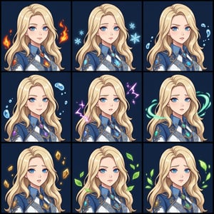Game character art in Genshin Impact style featuring a blonde woman with various elemental effects like fire, ice, and lightning.