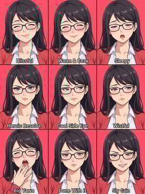Anime lp general ad showcasing a woman with glasses in nine different emotional expressions.