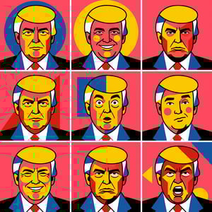 Advertising poster generator with bauhaus geometric style, showing Donald Trump in nine different expressive portraits.