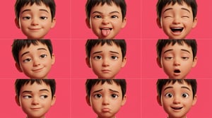 Pixar style lp avatar ad showcasing a young boy's diverse facial expressions in a nine-panel grid.
