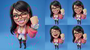 Diamond caricature 3d grid of a woman with glossy 3d cartoon expressions, showing off diamond teeth and watch. photo to glossy 3d cartoon expression grid