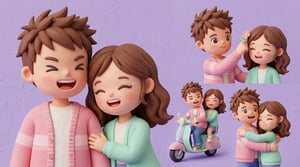 Custom cm pastel clay couple art depicts a happy couple in various romantic poses, including riding a scooter and embracing.