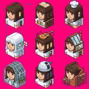 Pixel art converter isometric pixel building of diverse character icons representing various professions and hobbies.