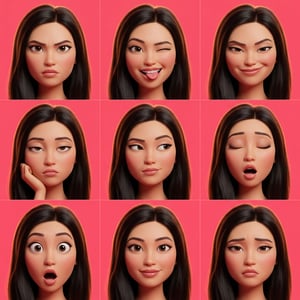 Pixar style AI avatar generator showcasing a young woman with dark hair displaying nine different expressive emotions.