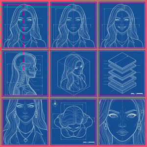 Interior exterior stylizer architectural blueprint of a woman's face and anatomy in various detailed views.
