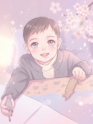 Shojo anime ad featuring a smiling baby with sparkling eyes and toy animals, set against a soft pink cherry blossom background. lp anime ad