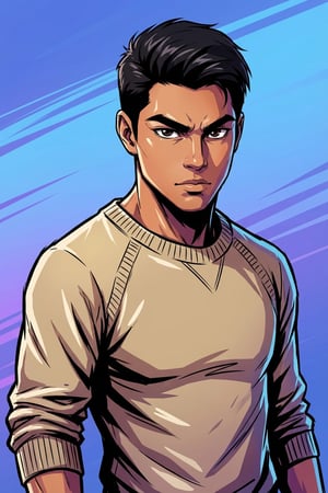 Shonen anime ad featuring a determined young man in a tan sweater against a vibrant blue background. lp anime ad