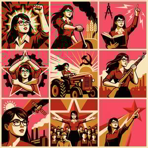 Retro vintage photo soviet propaganda poster of a woman in various powerful poses, including driving a tractor and holding a rifle.