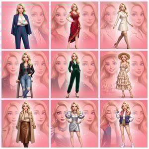 Personal brand visual fashion poster 3d of a blonde woman in various stylish outfits on a pink background.