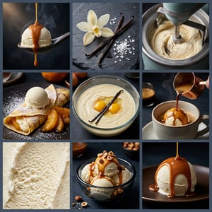 Product photography stylizer with food styling editorial showcasing vanilla ice cream in various delicious preparations and ingredients.