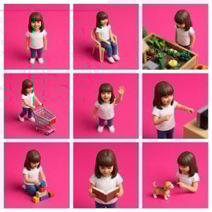 Interior exterior stylizer miniature diorama of a girl in various playful scenes with a pink background.