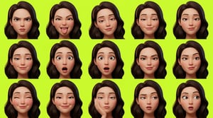 Pixar style ai avatar generator shows a woman with various expressive emotions against a bright green background.