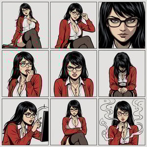 Book cover illustration in graphic novel style featuring a woman with glasses in various emotional poses. graphic novel cover