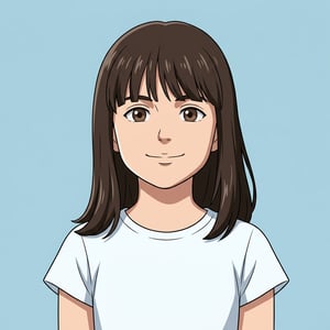 Cel style lp anime ad featuring a young girl with brown hair and a white t-shirt against a blue background.