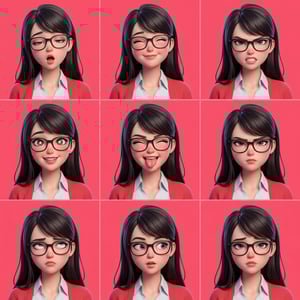 Pixar style ad shows a woman with glasses displaying nine different expressive emotions on a pink background. lp general ad