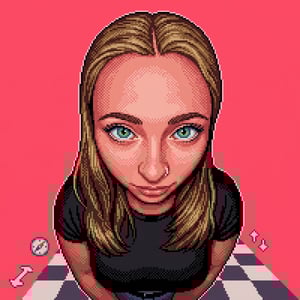 SNES 16bit pixel art converter portrait of a young woman with bright green eyes and a pink background.