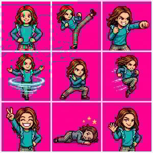 Pixel art converter arcade cabinet art of a girl in various action poses on a bright pink background.