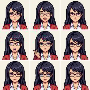 Game character art in pixel art rpg style of a woman with glasses showing various emotions like surprise, anger, and sadness.