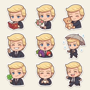 Sticker pack generator kawaii chibi single sticker of a blonde man in a suit holding various items like a book, flowers, and fruit.