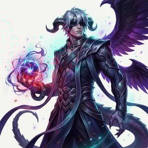 League of Legends splash art game character with horns, wings, and a magical orb in hand. game character art