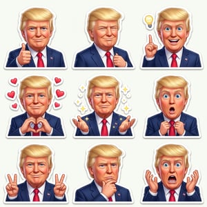 Sticker pack generator character sticker pack of Donald Trump in various expressive poses and emotions, perfect for digital communication.