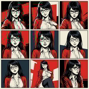 Book cover illustration in a fantasy epic style, showing a woman with glasses in various emotional poses. fantasy epic cover
