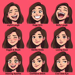 AI cartoon yourself in classic cartoon style showcasing nine different facial expressions from joyful laugh to cool side eye.